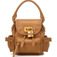 Brown PU leather backpack with gold lock detail and exterior pockets.