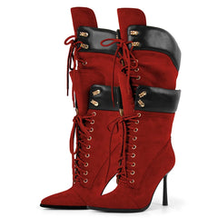 Pointed Toe Lace Up Mid Calf Boots