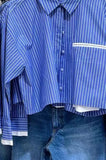 Blue Striped Print Cropped Shirt Long Sleeve Pockets Blouse