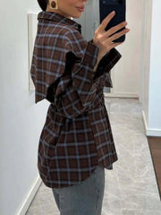 Plaid Lapel Collar Belted Shirt