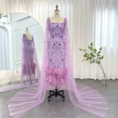 Feather Beads Cape Sleeve Square Collar Prom Dress