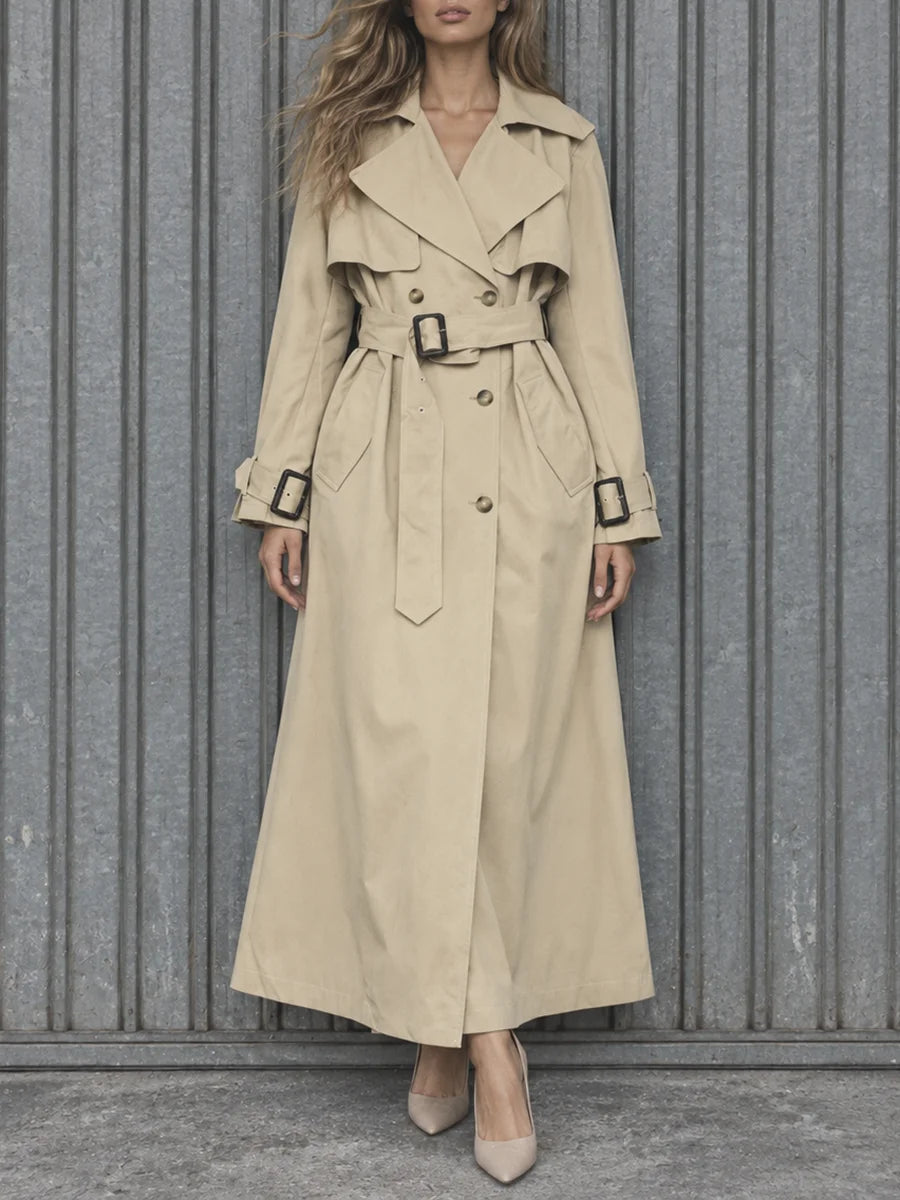 Full view of beige belted double-breasted jacket