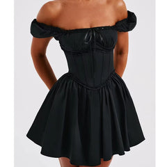 Black off-shoulder dress on a white background