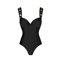 Black one-piece bodysuit with grommet shoulder straps