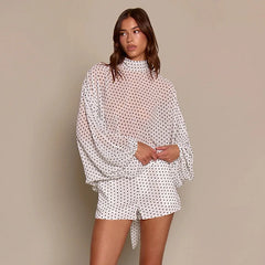 White polka dot turtleneck chiffon top and shorts set