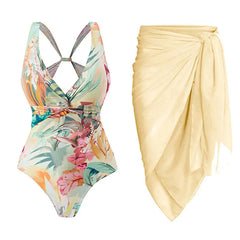 V-Neck Tie-Strap Swimsuit and Wrap Skirt Set