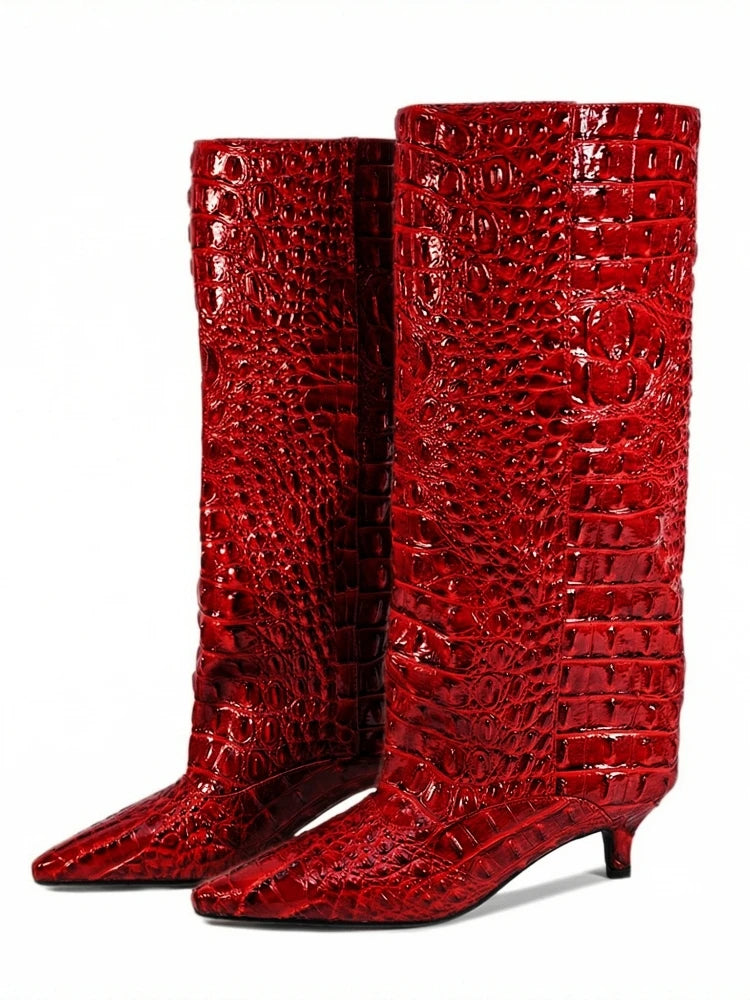 Red kitten heel crocodile pattern knee high boots