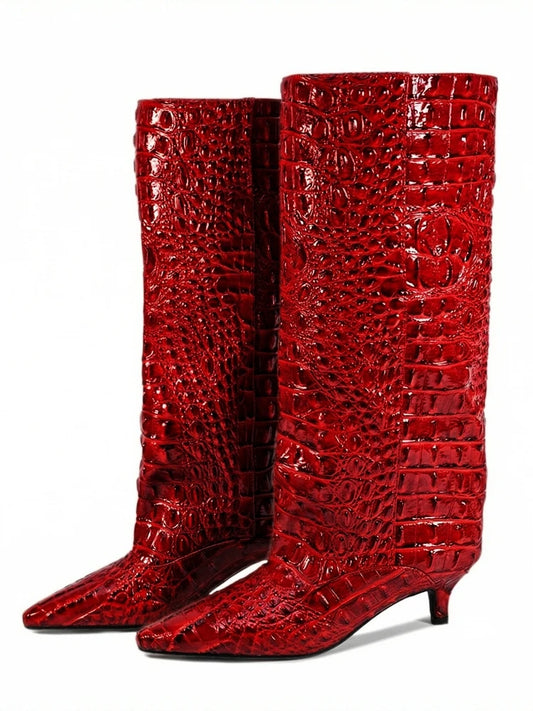 Red kitten heel crocodile pattern knee high boots
