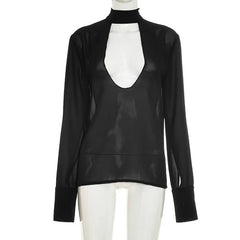 Sheer Hollow Neck Cutout Long Sleeve Top