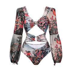 Balloon Sleeve Square Neck Cutout Bodysuit and Print Maxi Skirt Set