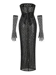 Black mesh dress with matching gloves on a white background