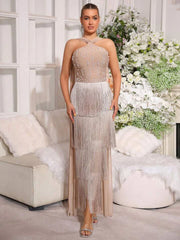 Beaded Halter Neck Fringed Column Dress