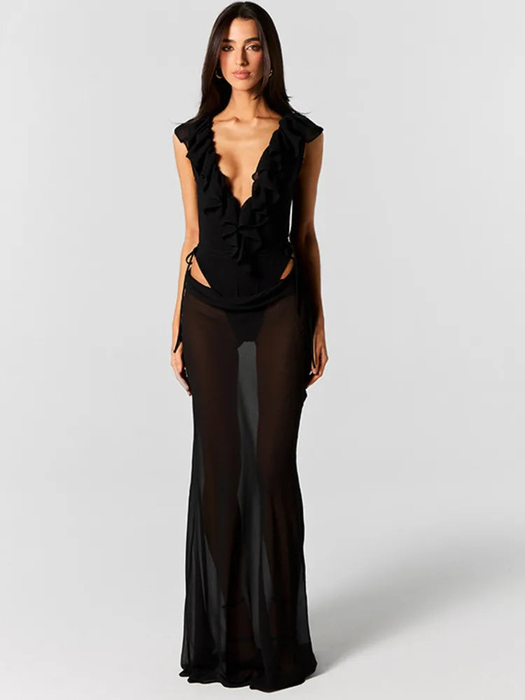 Black ruffled bodysuit and sheer maxi skirt set