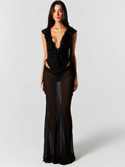 Black ruffled bodysuit and sheer maxi skirt set