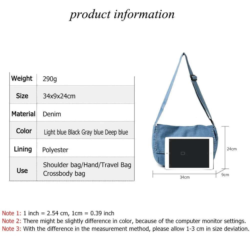 Denim Solid Color Large Capacity Messenger Bags
