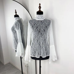 White Sheer Scarf Neck Frill Sleeve Top