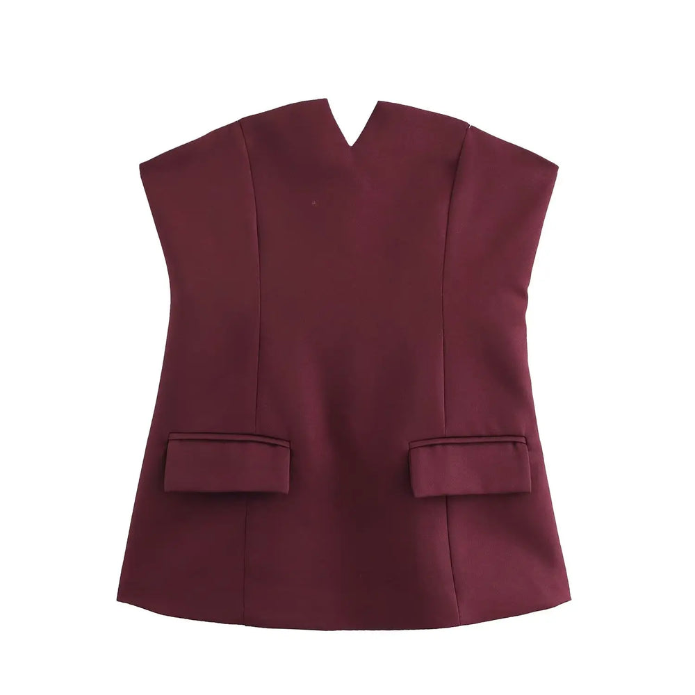 Maroon sleeveless top with two front pockets