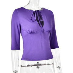 Tie Neck Cutout Three Quarter Sleeve Top