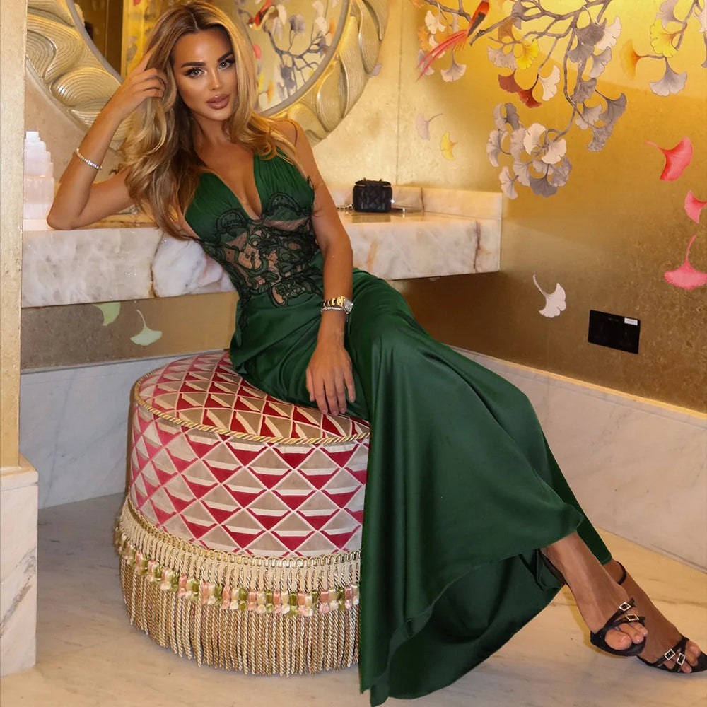 Green halter neck lace maxi dress