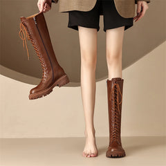 Leather Knee High Riding Boots Zipper Lace-up Long Boots