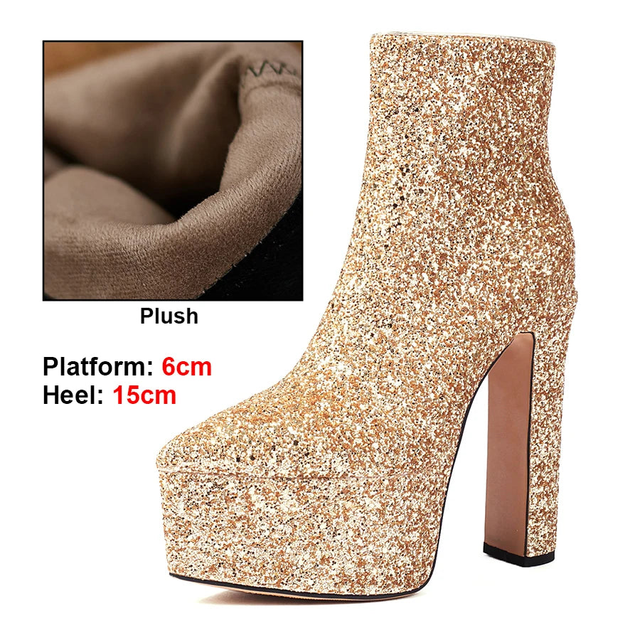 Gold glitter platform boot with plush lining and heel height details.
