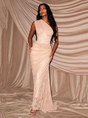 Apricot one shoulder lace maxi dress with draped detail.