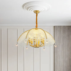 A sparkling crystal chandelier illuminating a modern living room, creating a luxurious ambiance.