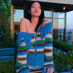 Striped Fringed Knit Cardigan