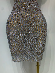 V-Neck Sleeveless Crystal Embellished Above Knee Bodycon Dress