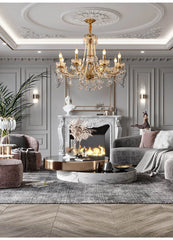 A sparkling crystal chandelier with warm LED lights hanging in a luxurious Living room. Golden Atelier 21