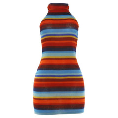 Striped Knit Halter Backless Mini Dress