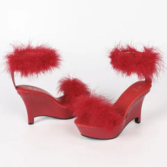 Feather Trim Wedge Platform Sandals