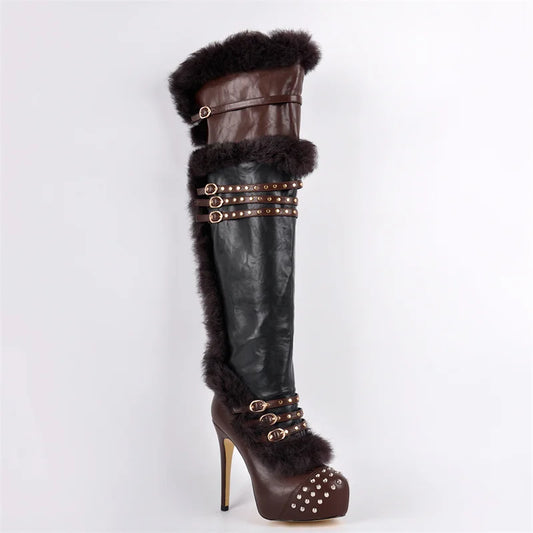 Over the knee boots with faux fur trim and studded buckle straps