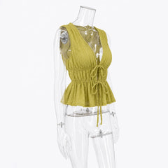 V-neck Lace-up Peplum Top