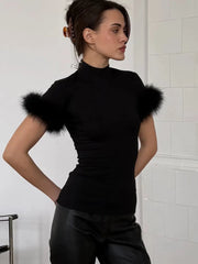Black mock neck feather trim top
