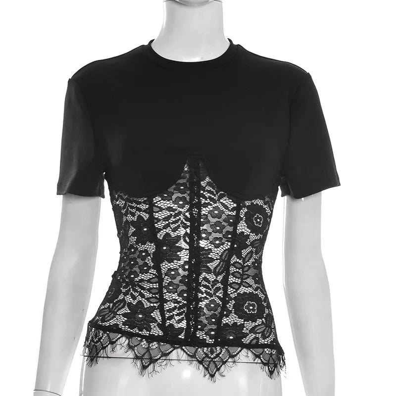 Black t-shirt with lace detailing on a mannequin against a white background