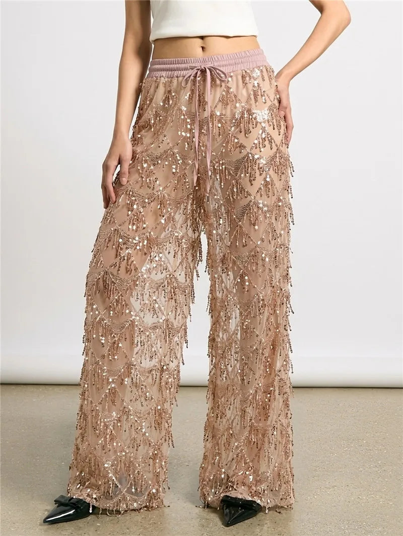 Nude sequin wide leg mesh pants with pink drawstring