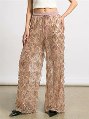 Nude sequin wide leg mesh pants with pink drawstring