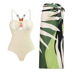One-Shoulder Swimsuit with Oversized Flower Detail and Matching Printed Sarong Set