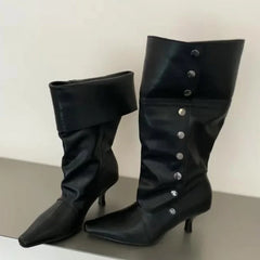 Pointed Toe Button Detail Ankle Boots