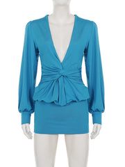 Twisted Blue Deep Neck Long Sleeve Mini Dress