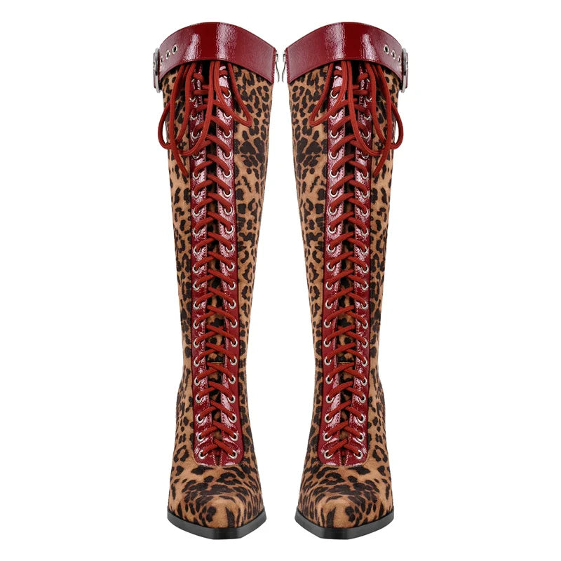 Leopard print lace-up knee high boots with red accents and stiletto heel
