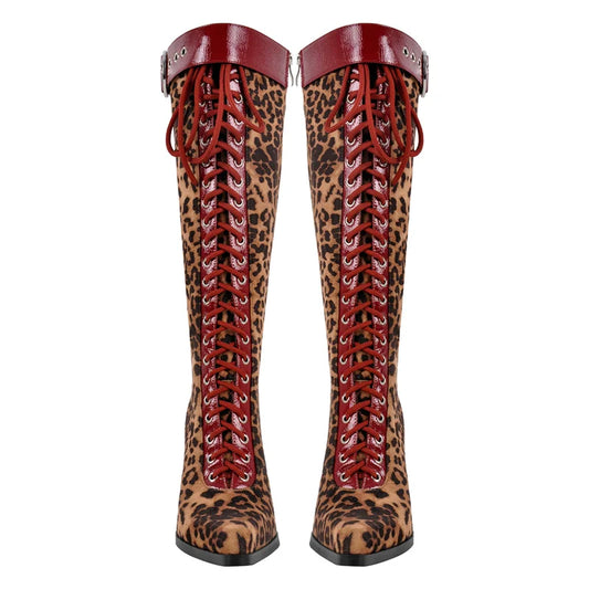 Leopard print lace-up knee high boots with red accents and stiletto heel