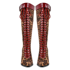 Leopard print lace-up knee high boots with red accents and stiletto heel