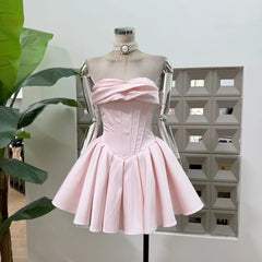 Pink strapless corset fit and flare dress front view