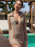 Women's Crochet Long Sleeve Knitted Beach Cover Up Maxi Dress