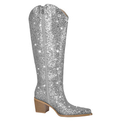 Glitter Pointed Toe Block Heel Cowboy Boots