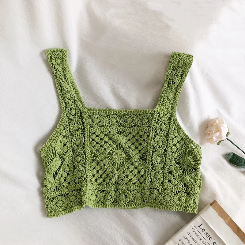 Hollow Out Knitted Embroidry Camisole Top