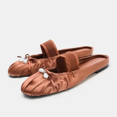 Pleated Satin Pearl Slide Flats