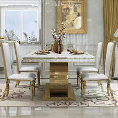 Marble Dining Table Chairs Set Stainless Steel Golden Carved Furniture